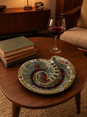 Vintage MCM Atomic Ceramic Ashtray Red Olive Drip Glaze 11”